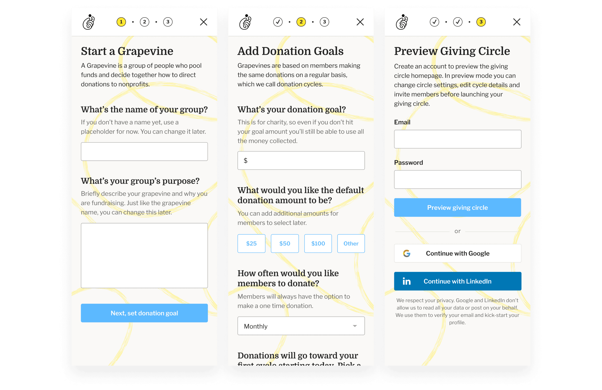 Grapevine's 3 step onboarding to create a giving circle.