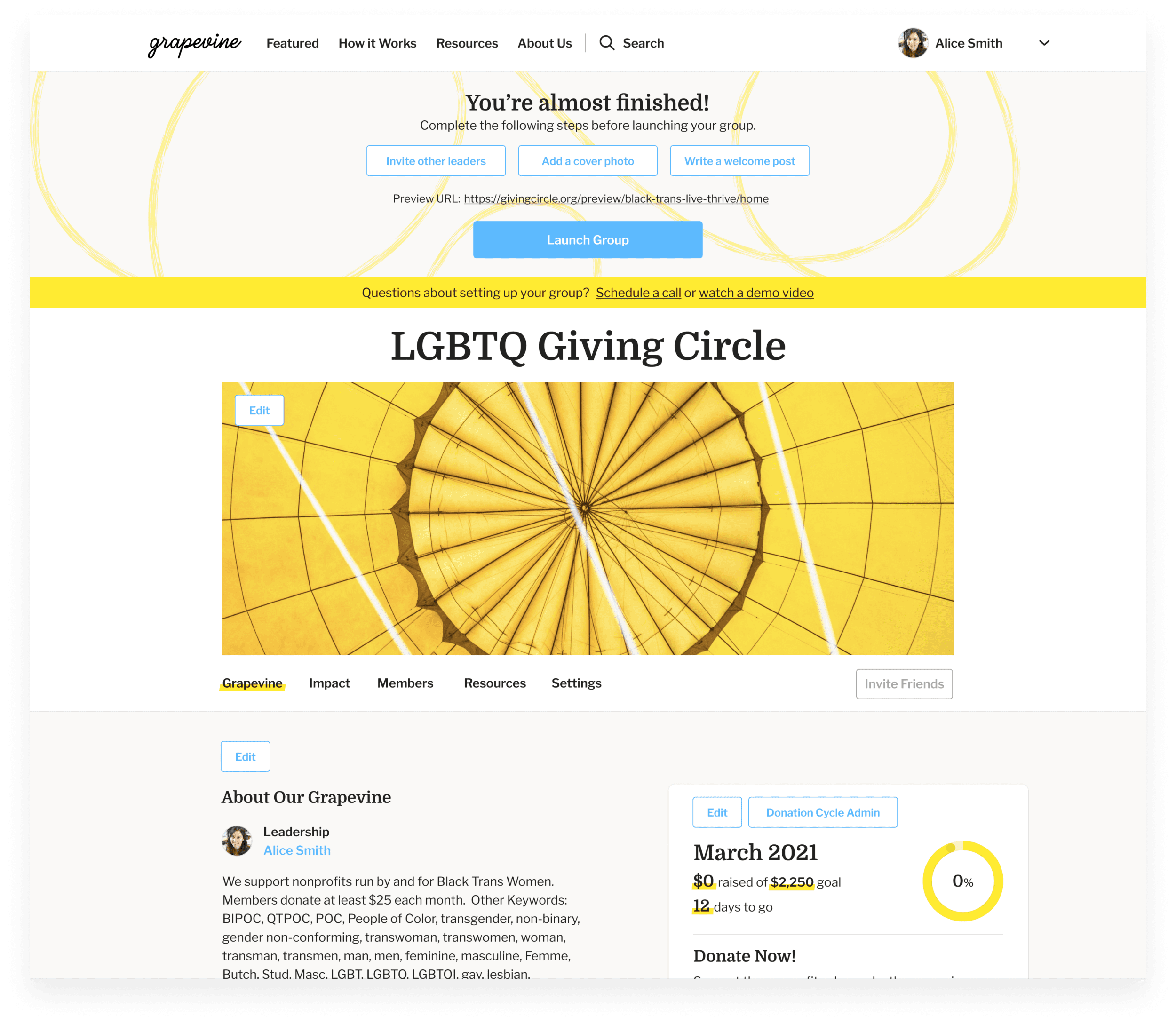Prelaunch giving circle homepage with directional UI at the top of the page.