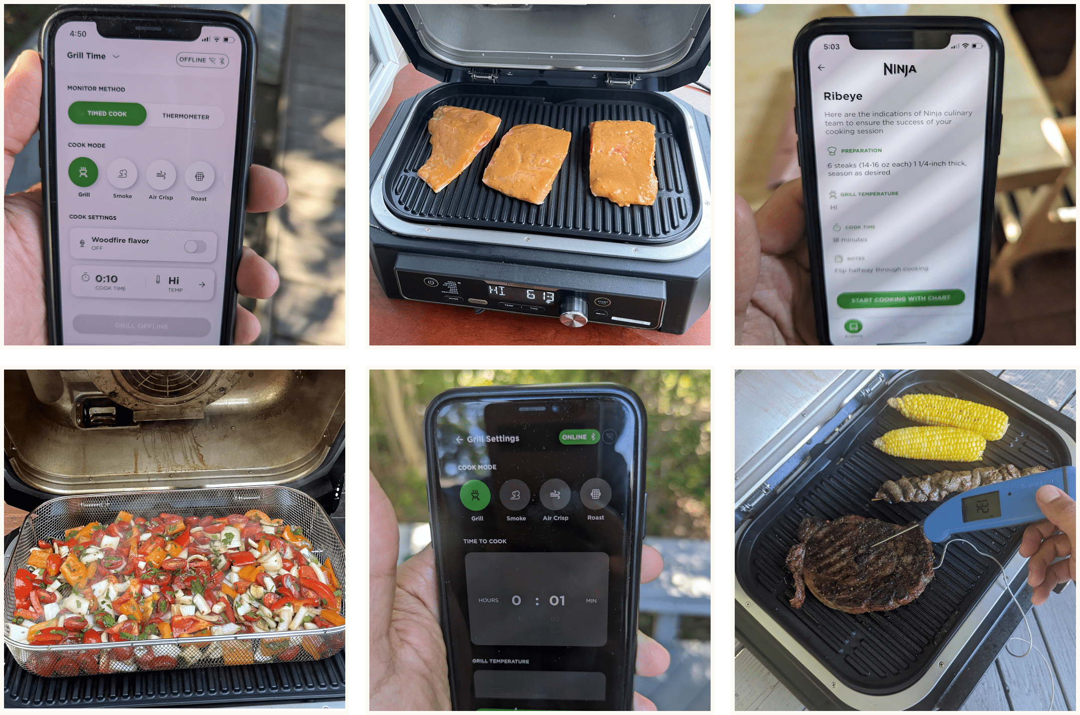 Collage of images from our testing of the ninja pro connect app and grill.
