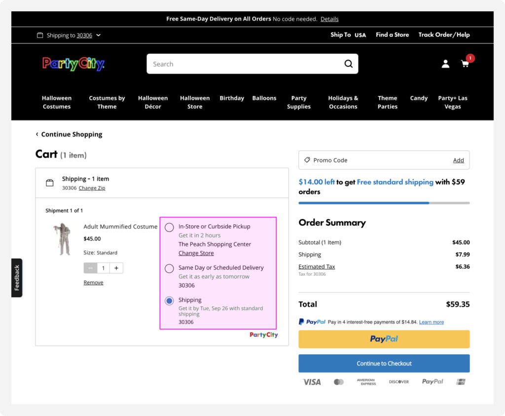 Party City's cart offers customers multiple shipping options with timeframes from 2 hours to 4 days away. 