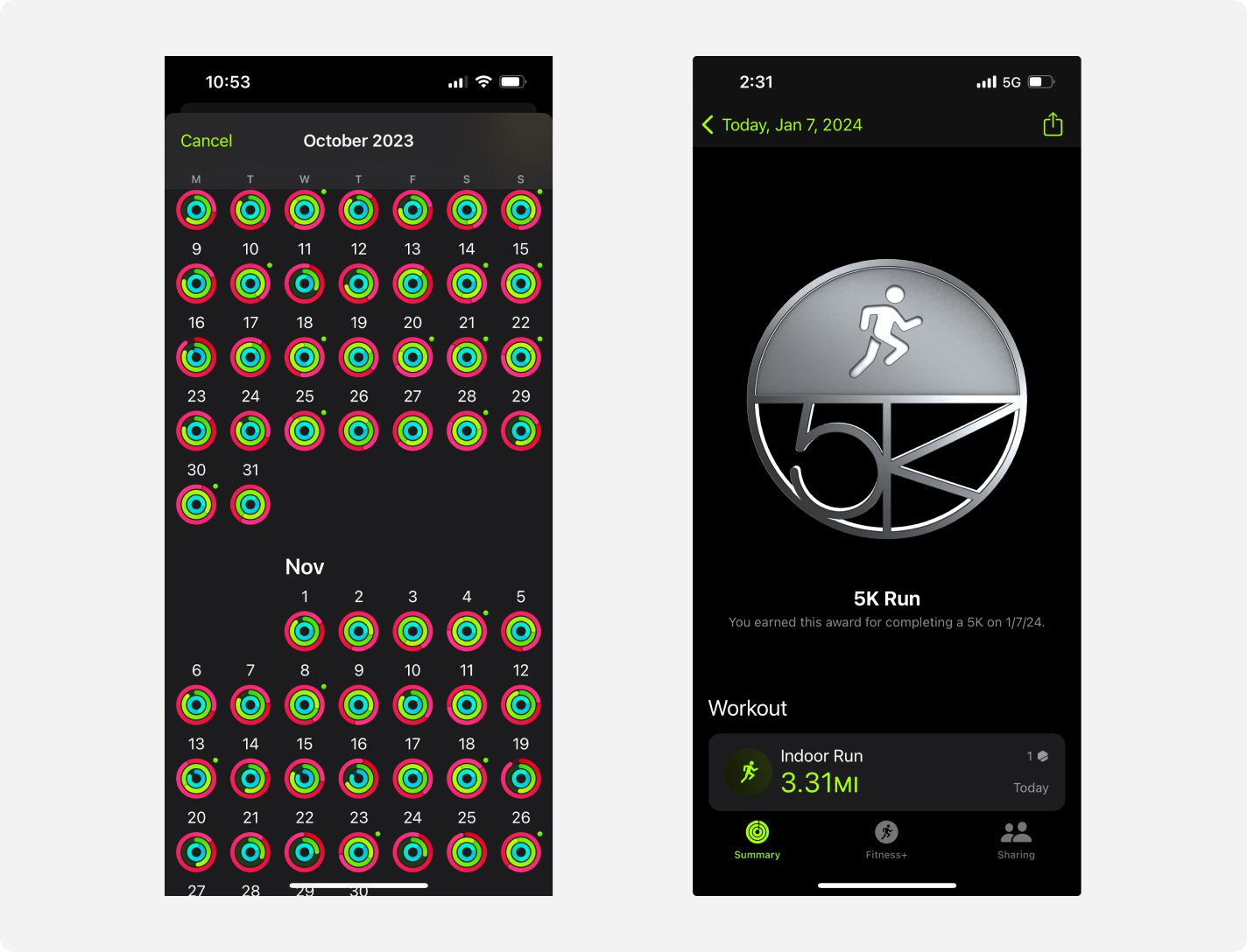 Screenshots of the Apple Watch Fitness app showing a calendar of progress rings, and a "5K Run" award.