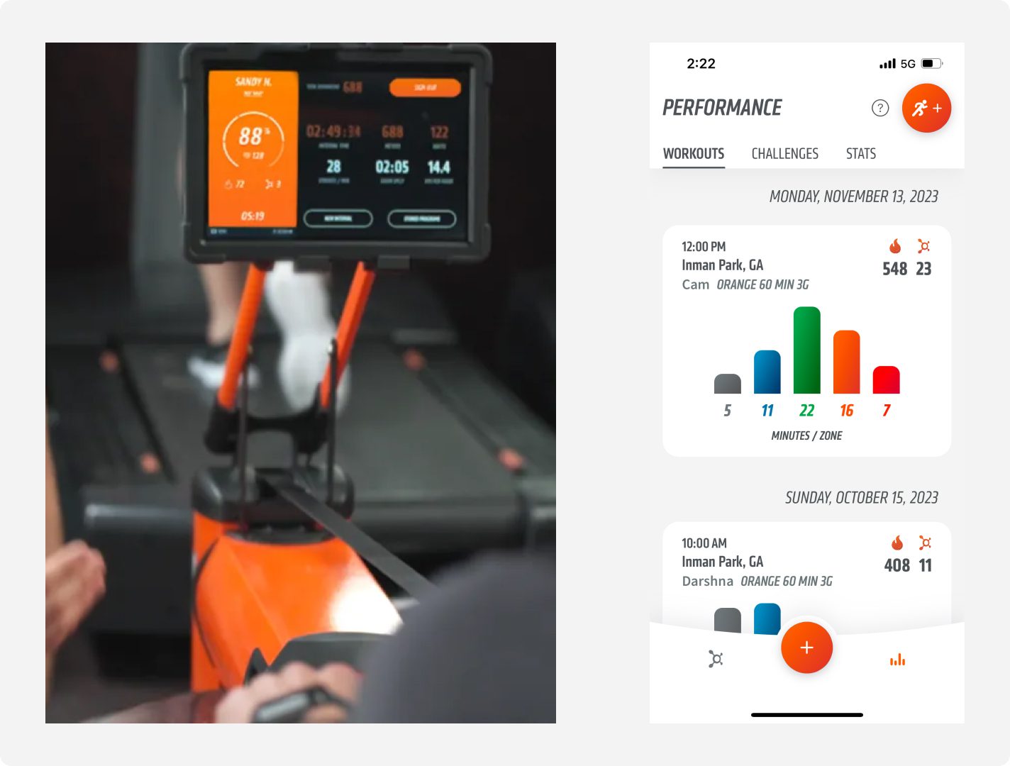 An image of an Orange Theory workout machine showing a screen from the perspective of the user, and a screenshot of the Orange Theory app Performance feature. 