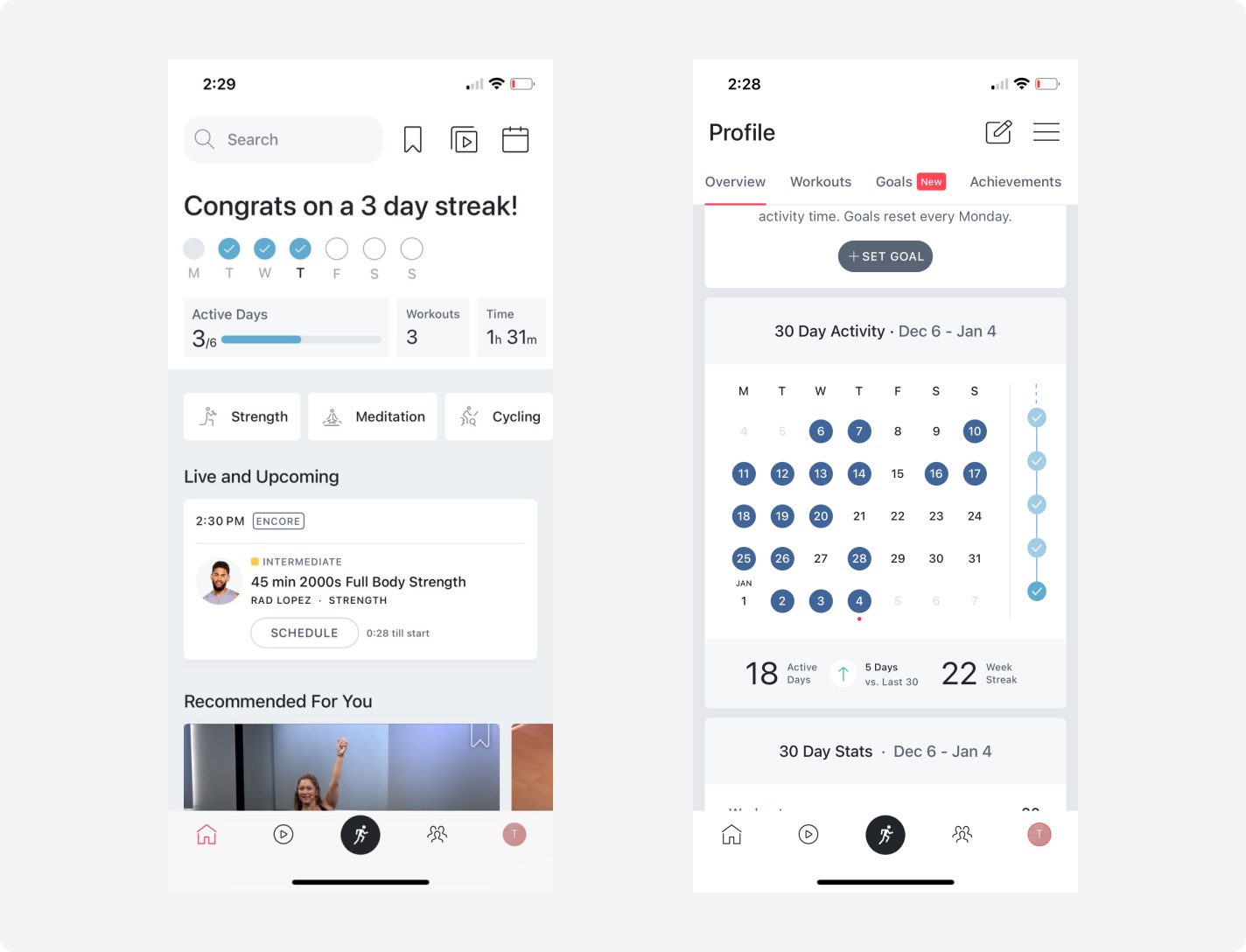 Screenshots of Peloton app showing "Congrats on a 3-day streak!" and a calendar of workout activity.