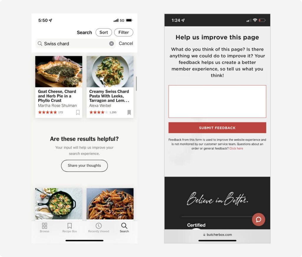 NYT Cooking & ButcherBox UI examples of passive feedback forms.