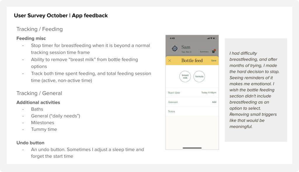 Example of customer feedback from a series of surveys and interviews we did with Nara Baby app users.